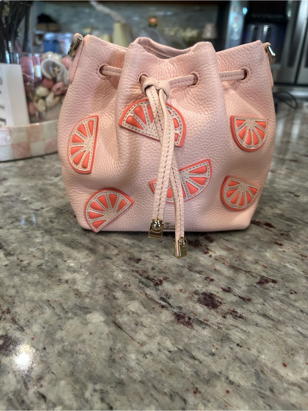 kate spade Pink Leather Citrus Appliqué Drawstring Crossbody Bag - Picture 3 of 7